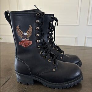 Harley-Davidson Black Leather Lace-Up Boots with Embroidered Eagle  Women / Men